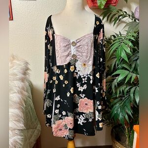 Cute Floral Long Sleeve Babydoll Top or Dress with Lace Detail